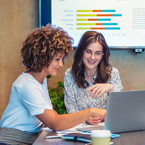 Business colleagues working together on a laptop.