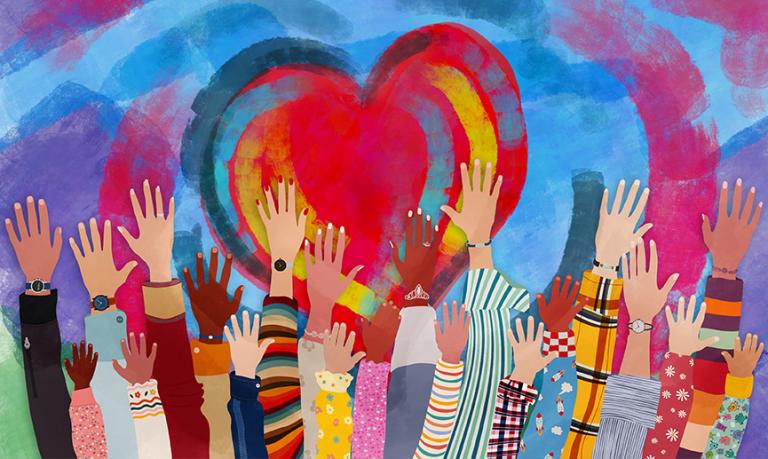 A multi-colour illustration of several diverse hands in the air with a colourful heart background. 