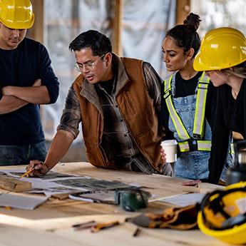 A construction team with hardhats review drawings at a planning table.