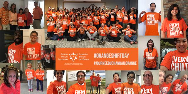 Collage photo de la Journée du chandail orange des employés de la Fondation Trillium de l'Ontario portant leur t-shirt orange.
