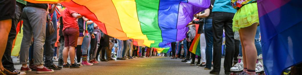 Group of people holding a large pride flag