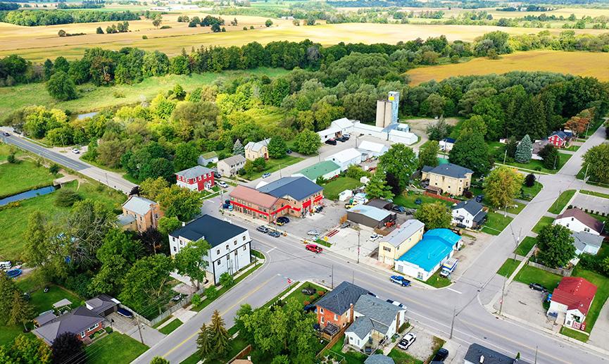 Aerial view of Plattsville, Ontario, Canada on a sunny day