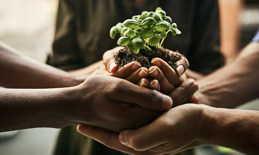 Gros plan de mains de plusieurs personnes tenant une pousse sortant de terre