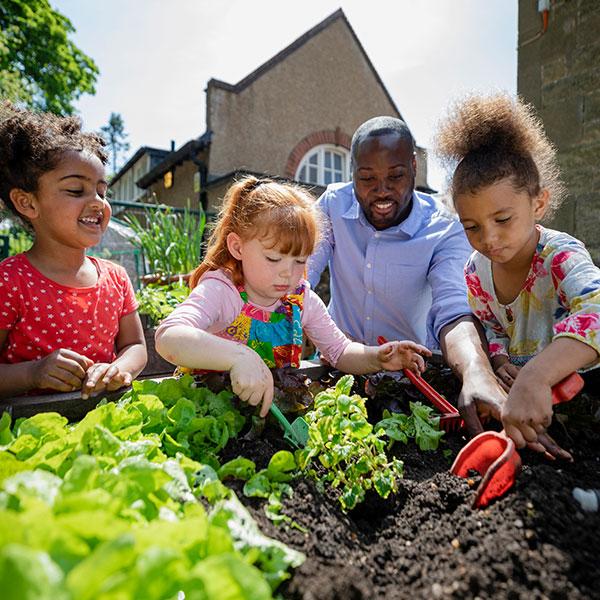 Un groupe d’enfants fait des plantations dans un jardin avec un adulte.