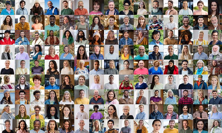 A collage of 150 unique individual faces.