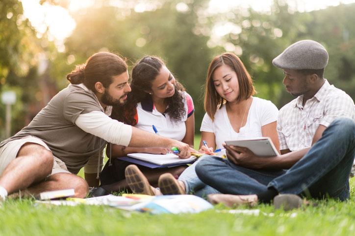 A group of university students sit outside of their school doing school work.