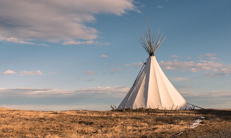 A traditional Indigenous teepee sits in a grassy field.
